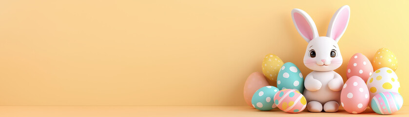 Fototapeta premium Cute bunny with colorful Easter eggs on pastel background, perfect for spring celebrations