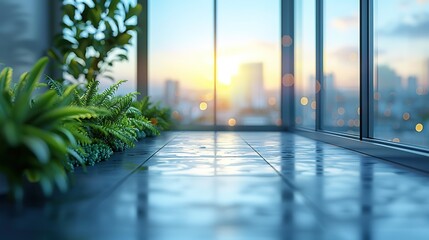 Fototapeta premium A modern balcony with lush greenery overlooking a cityscape at sunset.