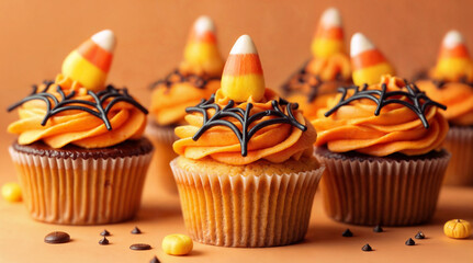 Halloween themed vanilla cupcakes decorated with orange buttercream frosting, chocolate spider web design and candy corn toppers on peach background, festive autumn dessert