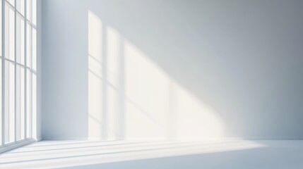 Obraz premium A bright, minimalistic room with large windows casting shadows on the floor.