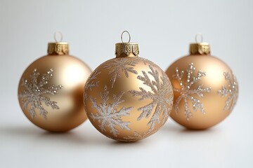 Golden Christmas ornaments with snowflake pattern on white background, hyper-realistic style, festive holiday decorations.