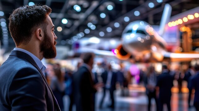 A bearded man in business attire watches a sleek airplane at a bustling exhibition, symbolizing innovation and ambition in aviation and business developments of 2023.