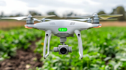 Drone flying over a green field.