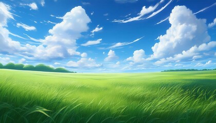 anime style illustration of a green field with a blue sky and fluffy clouds lush green grass field under a bright summer sky nature digital art