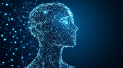 Obraz premium A digital representation of a human-like head composed of interconnected node and lines.