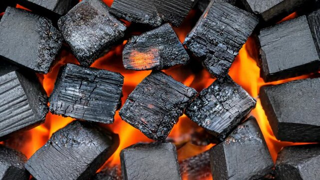 Close-up of charcoal pieces glowing with fiery orange embers, perfect for grilling and barbecuing.