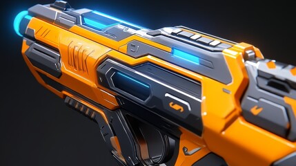 Naklejka premium A futuristic, stylized handgun with orange and blue accents, emphasizing design and technology.