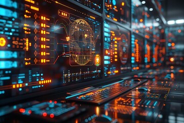 A futuristic control room with glowing screens displaying data and a globe.