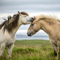 Obraz premium two adult horses touching heads together in affect