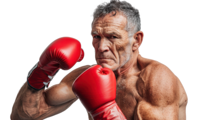 Professional caucasian american senior male boxer in gloves exercises punches on white background