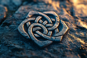 Ancient Celtic knot stone carving on weathered rocky surface