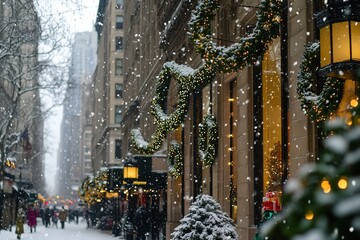 magical christmas scene on snowy streets of new york city with strings of warm white lights wrapped around lampposts