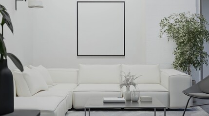 Clean Scandinavian living space with a modular white sofa, modern metal coffee table, and a reverse-angled 3D mockup poster frame.