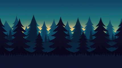 Obraz premium A serene, minimalist digital illustration of a dark forest at dusk, featuring tall evergreen trees silhouetted against a gradient sky.