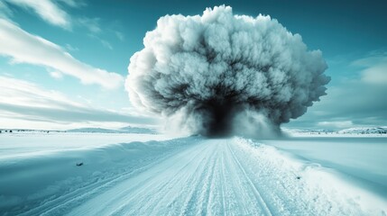 A dramatic explosion of snow and smoke on a deserted snowy road, illustrating the raw power and unpredictability of nature's elements in a vast landscape.