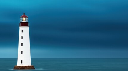 Obraz premium A solitary lighthouse stands tall against a stormy sea, illuminated under a moody sky, symbolizing guidance and safety.