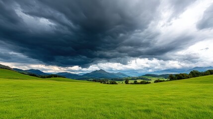 Obraz premium A dramatic landscape featuring dark clouds looming over a vibrant green field and distant mountains.