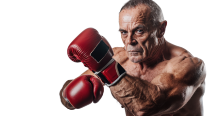 Professional caucasian american senior male boxer in gloves exercises punches on white background
