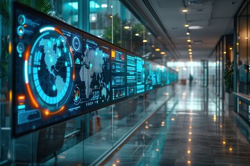Futuristic digital screens with a world map display data in a modern office hallway.