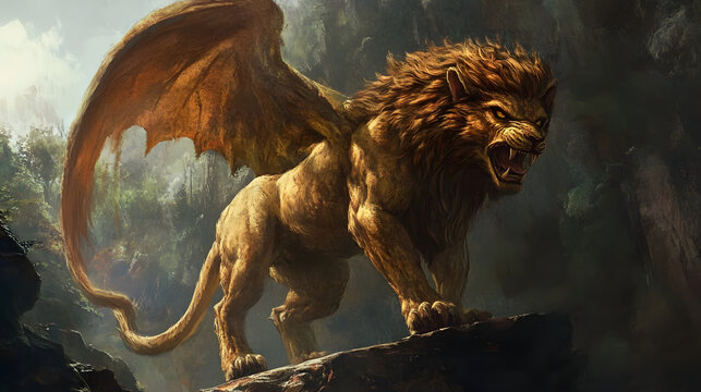 Manticore the man eater mythical monster of the ancient greek mythology, illustration of a lion with wings