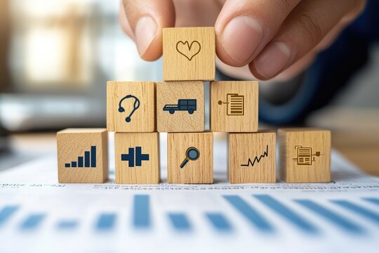 Hand stacking wooden blocks with health icons, including medical symbols, financial analytics, and patient care concepts on a soft background - Powered by Adobe