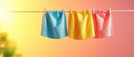 Naklejka premium Colorful skirts hanging on clothesline, illuminated by warm sunlight, create cheerful atmosphere