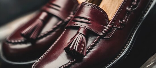 Elegant tassel loafer in burgundy leather, close-up of the tassels and polished finish, classic studio lighting