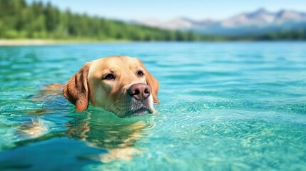 A golden Labrador swims in clear turquoise water, surrounded by lush greenery and mountains under a bright blue sky.