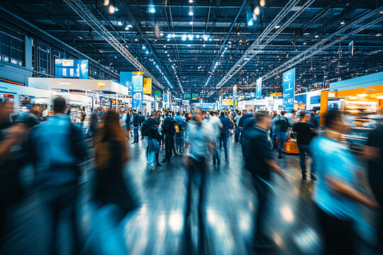 Blur, defocused background of public exhibition hall. Business tradeshow, job fair, or stock market. Organization or company event, commercial trading, or shopping mall marketing advertisement concept