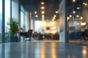 Modern Office Interior with Blurry Background Lighting and Open Space Design for Creative Work Environment