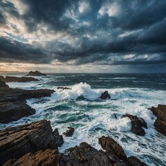 Obraz premium A rugged coastline with jagged rocks and crashing waves, under a sky full of dramatic clouds.