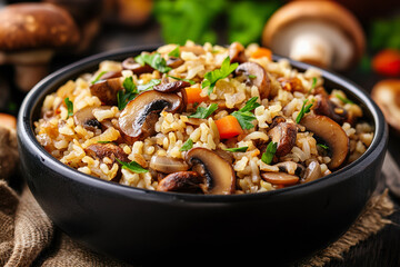 Fototapeta premium wild mushroom pilaf served on rustic wooden table, comforting meal