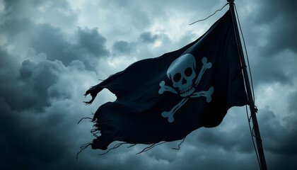A dramatic photo of a tattered pirate flag waving defiantly against a backdrop of a stormy sky., pixel art, with white tones