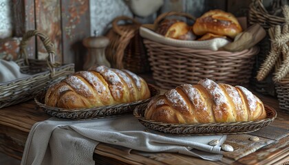 Two loaves of freshly baked bread with powdered sugar, on wicker plates, and other baked goods in a wicker basket, on a rustic wooden table.