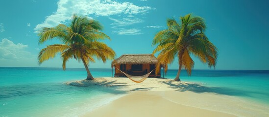 Naklejka premium Idyllic tropical beach hut with hammock between palm trees.
