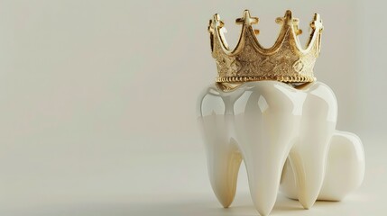 Obraz premium Tooth model with golden crown on white background. Dental concept