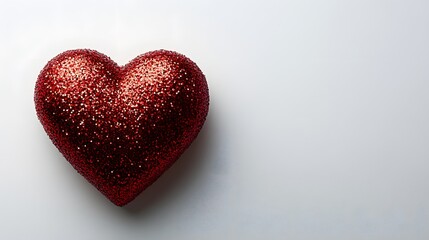 Fototapeta premium Valentine's themed photograph featuring three-dimensional red glitter&nbsp;heart against clean white background, showcasing shimmering texture and romantic&nbsp;symbolism.