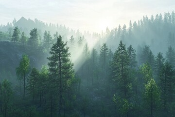Serene Misty Forest Landscape with Sunlight Streaming Through Pine Trees in a Lush Green Mountainous Terrain