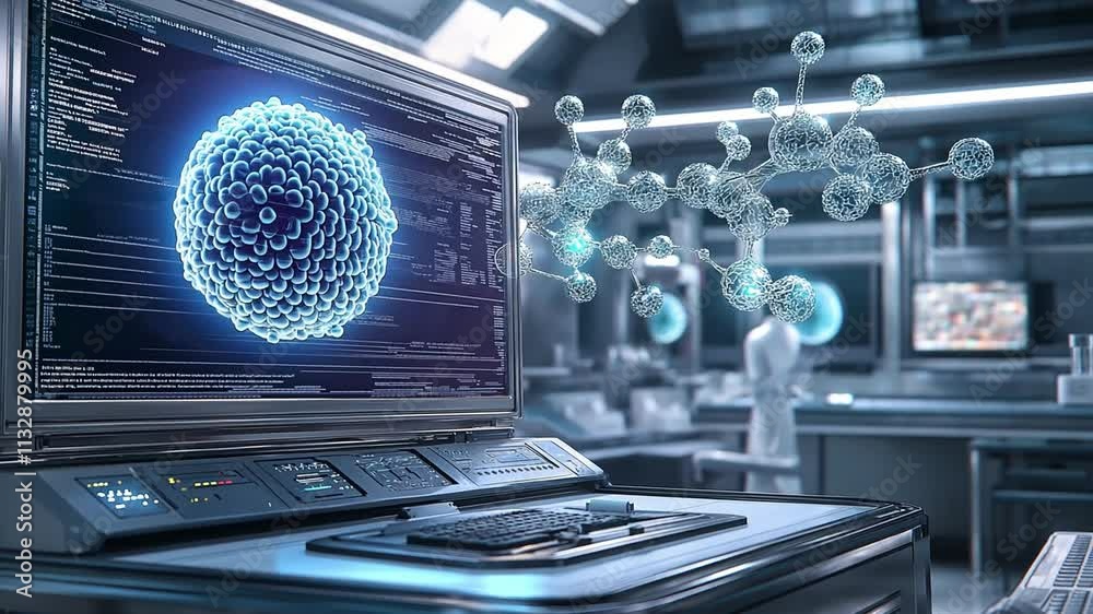 Poster cutting-edge biocomputer technology visualizing molecular structures in a modern laboratory setting