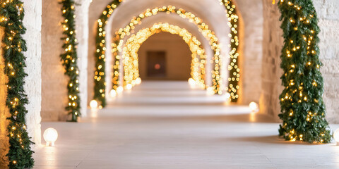 Fototapeta premium Elegant Christmas city archway adorned with green and gold garlands and illuminated by warm lights
