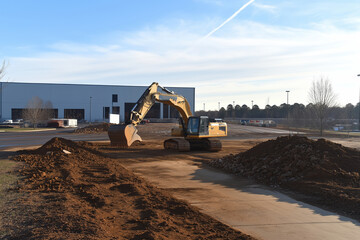 Construction equipment operates on site to prepare land for future development