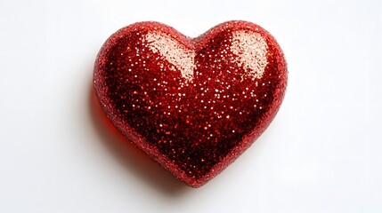 Fototapeta premium Valentine's themed photograph featuring three-dimensional red glitter&nbsp;heart against clean white background, showcasing shimmering texture and romantic&nbsp;symbolism.