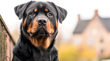 Obraz premium A close-up of a Rottweiler dog with a focused expression, set against a blurred background of a house and autumn scenery.