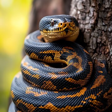 Black headed python coiled on tree