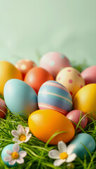 Naklejka premium Colorful Easter eggs in bright soft pastel colors. Happy Easter and spring holidays concept. Copy space, Side lit, with white tones