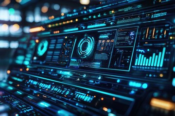 Obraz premium Futuristic Digital Interface with Glowing Blue Circuits and Abstract Patterns Representing Technology and Data Flow in Virtual Space