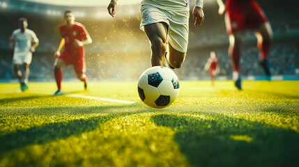 Obraz premium close-up photo of a professional soccer player playing football on a green grass pitch at a big stadium. dribbling the ball against opponents. soccer match on a field. Generative AI