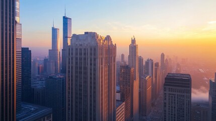 Fototapeta premium A breathtaking skyline at sunset, showcasing towering skyscrapers bathed in warm hues, creating a stunning urban landscape.