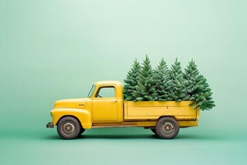 retro-styled bright yellow truck meticulously detailed carrying load of green christmas trees in its bed