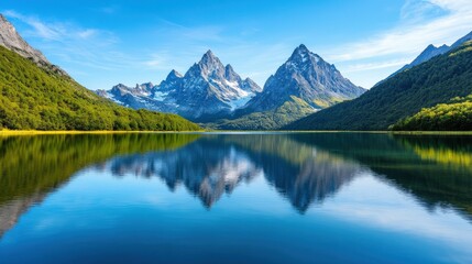 Fototapeta premium A stunning lake reflects majestic mountains under a clear blue sky, surrounded by lush greenery, creating a serene and picturesque landscape.